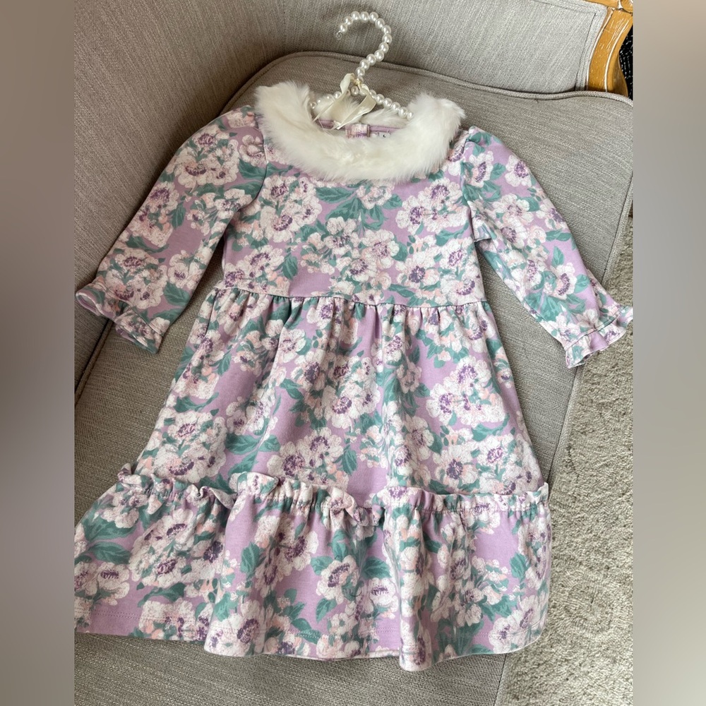 Faux Fur Collar winter floral dress, janie and jack, size 4